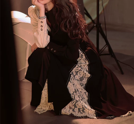 JZ匠子 春季连衣裙女2022设计感黑色长裙