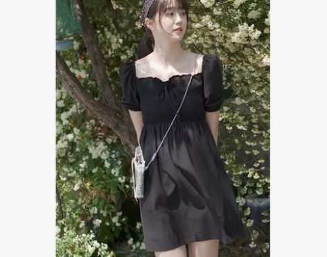 白线流/法式梗桔连衣裙夏装新品纯色小高子高...