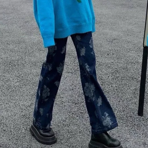 大码微喇叭裤牛仔女宽松显瘦胖妹妹mm高腰百...