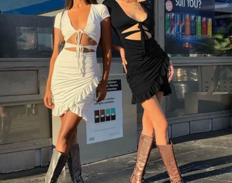 欧美辣妹风穿搭连衣裙深V低胸性感紧身包臀裙...