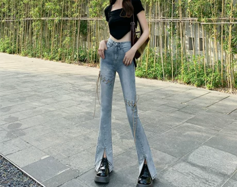 高腰开叉牛仔裤女2022年春季复古显瘦阔腿...