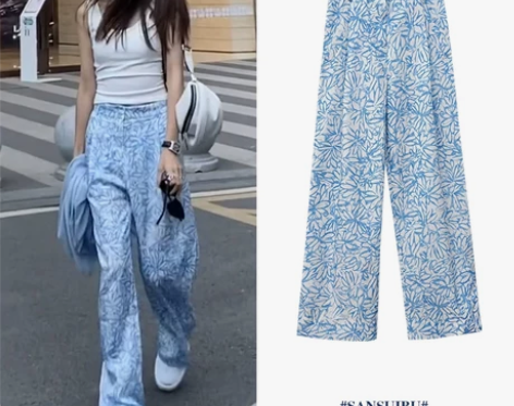 设计感小众直筒阔腿裤女网红印花宽松高腰垂感...
