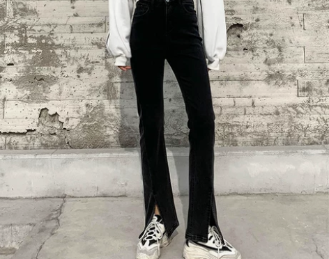 【年货价】高腰黑灰色垂坠感拖地裤微喇开叉牛...