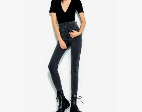 高腰牛仔裤 高腰牛仔裤小脚裤烟灰色女显瘦2...