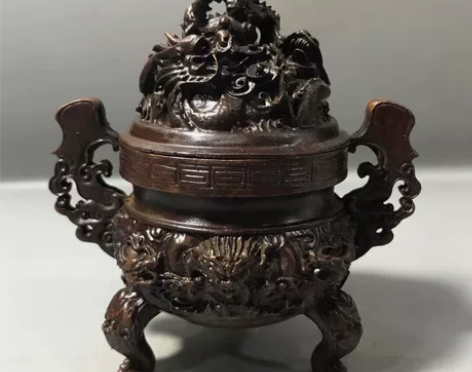 乡里淘来的古玩铜香炉收藏摆件二龙戏珠熏香炉...