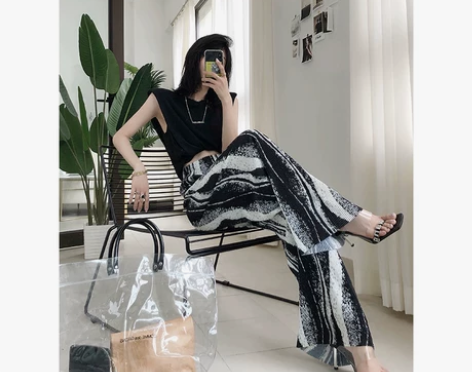 水波纹休闲拖地裤子女2020年新款夏宽松薄...