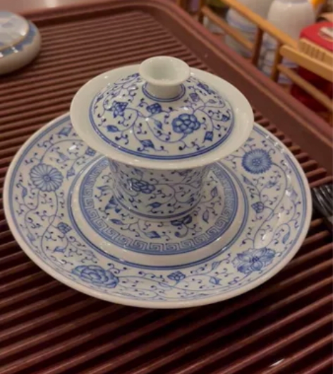 景德镇青花缠枝莲柴烧柴窑壶承盖碗三才套组，...