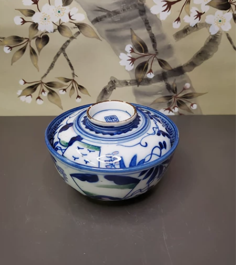 日本回流，地包天盖碗，老物件，青花手绘，全...