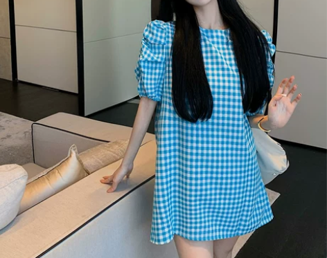 法式复古温柔风格子泡泡袖连衣裙女夏季202...