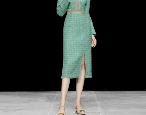 秋冬季2021新款女装气质法式绿色粗花呢修...