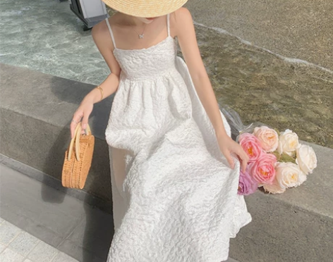 日系初恋公主裙夏甜美蓬蓬裙吊带束腰提花连衣...