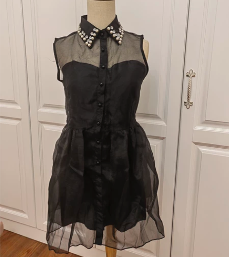 复古欧根纱假两件珍珠娃娃领网纱高腰蓬蓬裙公...