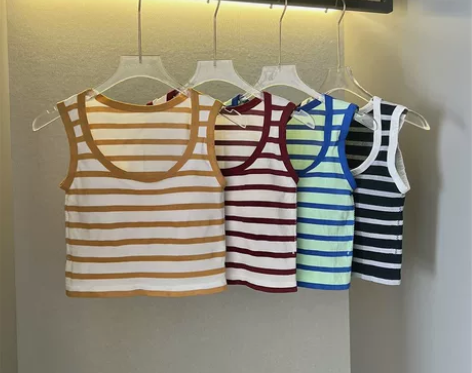 少女背心女条纹带胸垫内搭外穿韩版修身显瘦运...