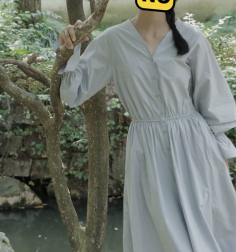 韩国买的夏季纯棉连衣裙水蓝色简约长裙 不议...