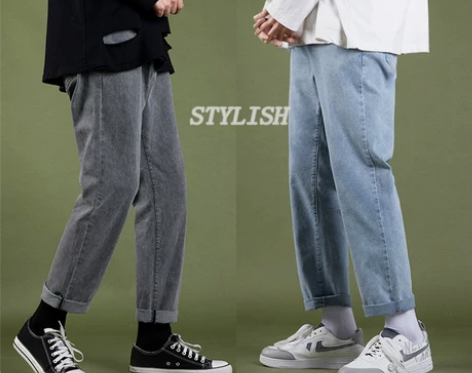 烟灰色牛仔裤男潮修身直筒港风ins九分裤子...