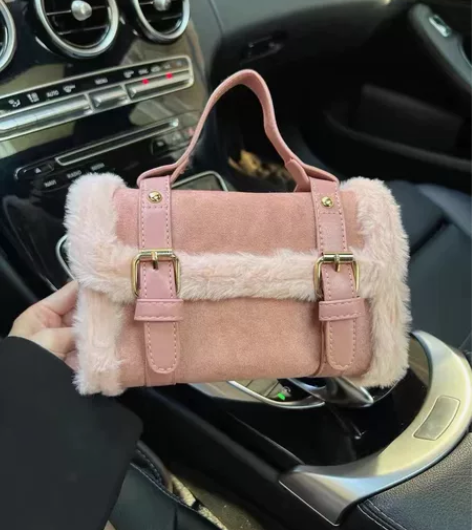 美式高级感秋冬款羊羔毛毛绒包包新款百搭手提...