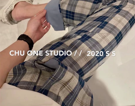 洋气卷边百搭高腰蓝色复古格子裤潮宽松撞色休...