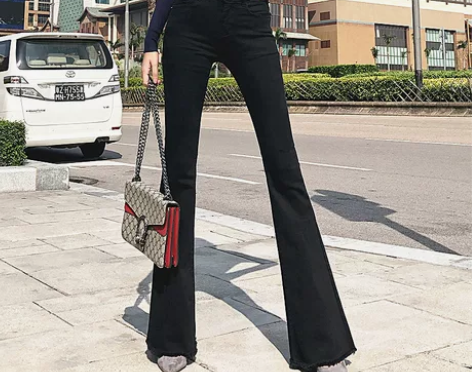 秋冬新款喇叭牛仔裤女高腰紧身显瘦港味弹力垂...