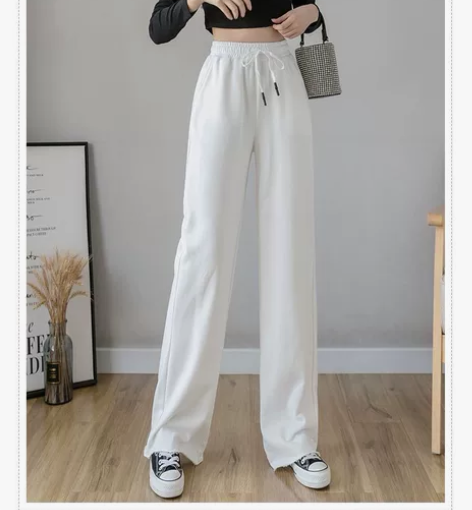 春秋款阔腿裤女宽松垂感高腰白色直筒拖地运动...