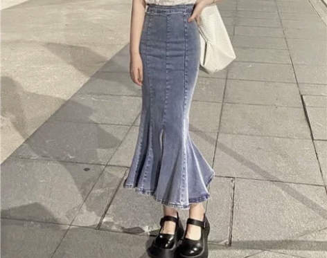 牛仔荷叶边半身裙女春夏2022新款高腰百搭...