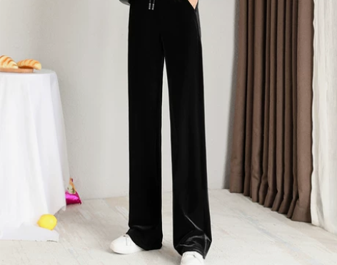 金丝绒阔腿裤女春秋直筒裤高腰垂坠感黑色裤子...