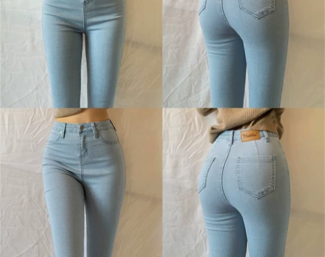 欧美风高腰蜜桃臀基础弹力浅蓝牛仔长裤女紧身...