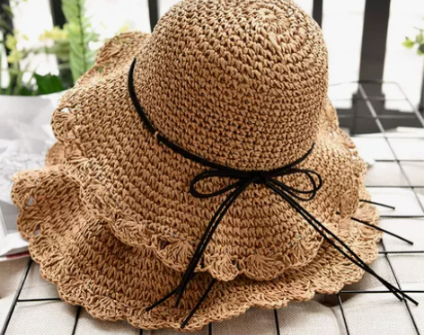 新品 亲子草帽母女出游手工沙滩帽儿童蝴蝶结...