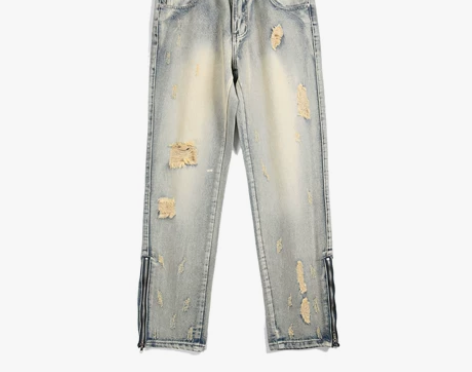 YORAINBOW早秋高街破洞牛仔裤男美式...