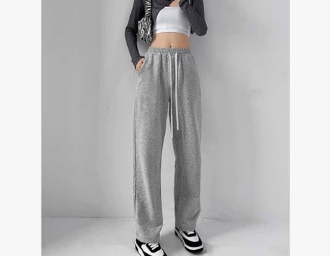【乐活价】灰色运动阔腿裤女春秋薄款高腰垂感...