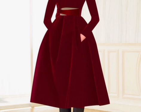 2019秋冬新款红色蓬蓬裙显瘦中长款长袖丝...