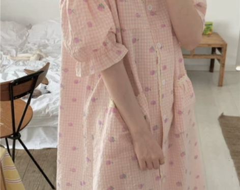 韩版ins甜美公主风格子短袖睡裙女夏季家居...