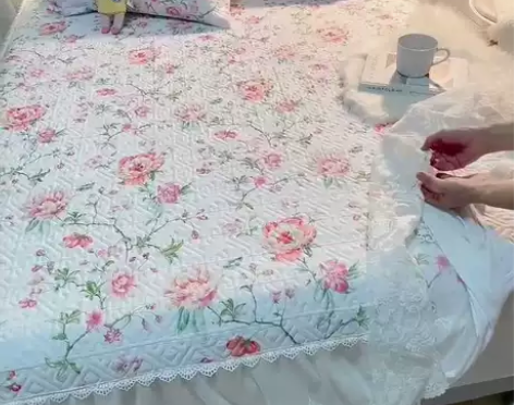 公主风全棉蕾丝床裙床盖高支高密纯棉床罩床单...