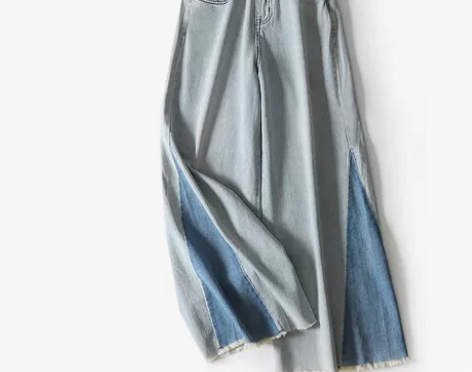 阔腿高腰显瘦牛仔长裤，裤长102厘米，腰围...