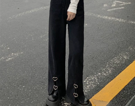 【38活动价】辣妹黑色开叉牛仔裤女设计感小...