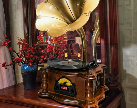 复古留声机黑胶唱片机古典老式电唱机大喇叭蓝...