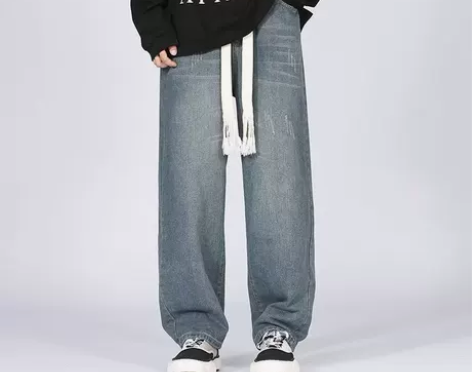 抽绳松紧带牛仔裤男秋冬季大码宽松直筒阔腿裤...