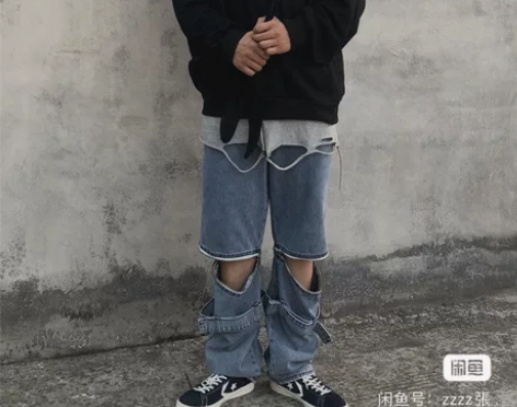 2021年新款韩版ins复古可拆卸拉链破洞...