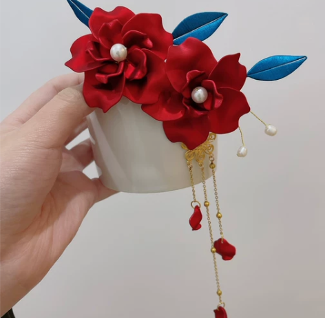 大红玫瑰发簪汉服配饰淡水珍珠软簪白菜价，可...