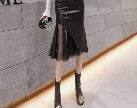 包邮 PU皮裙女秋冬半身裙高腰短裙网纱拼接...