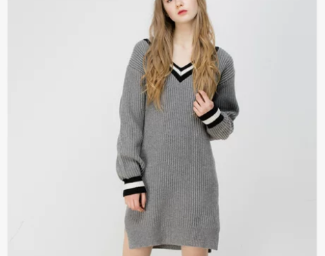 SLY2018早春新品运动风长款条纹V领针...