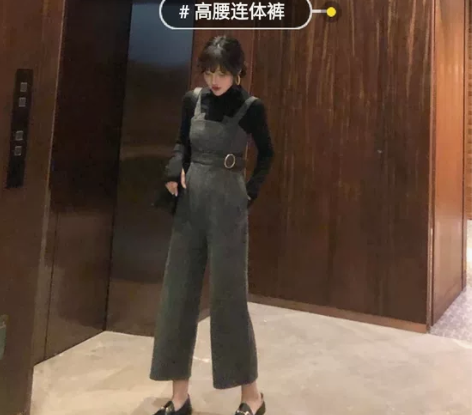 曾小咸 减龄背带裤女秋冬毛呢阔腿裤九分裤，...