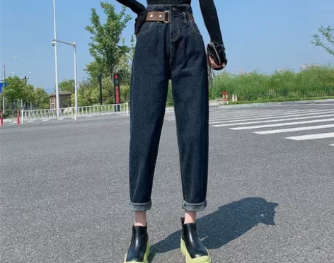 高腰牛仔裤女秋冬新款宽松阔腿设计感哈伦裤老...