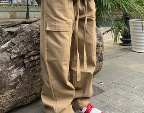 不要再熬夜了 工装直筒飘带宽松卡其高街百搭...