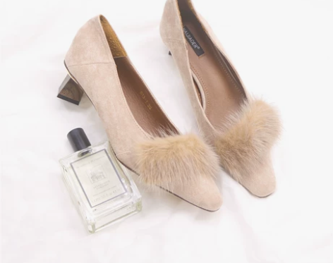 2018秋冬新款单鞋女中跟尖头淑女水貂毛简...