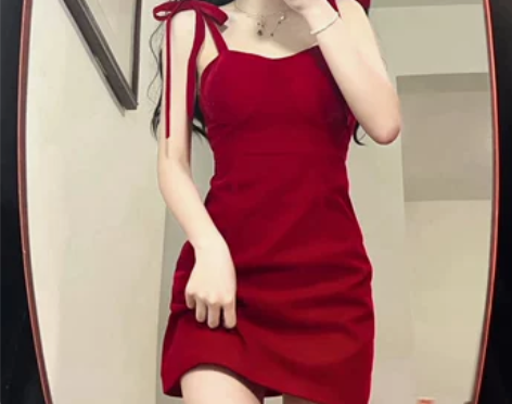 吊带连衣裙女法式收腰红色性感短裙子夏季新款...
