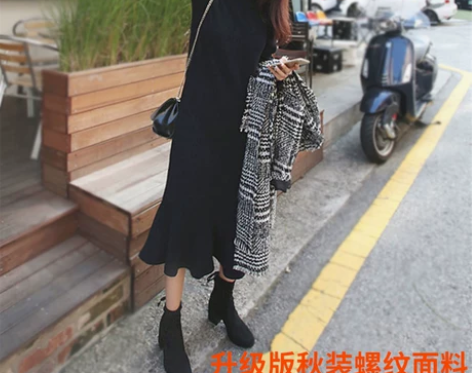 秋冬加绒加厚打底连衣裙秋装新款女长袖鱼尾裙...