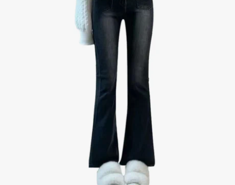 矮个子复古黑灰色三扣高腰喇叭牛仔裤女秋冬小...