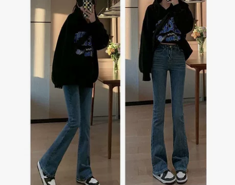 2022秋季新品洋气微喇牛仔裤女复古高腰显...