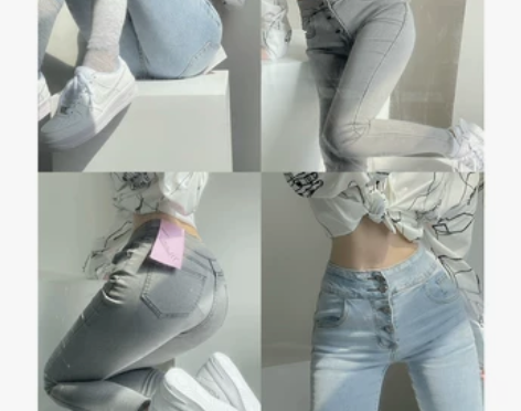撩男于无形 四排扣浅蓝高腰牛仔小脚裤女包臀...