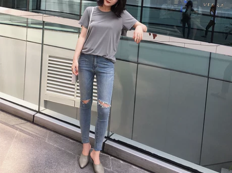 ?MALI修身显瘦高腰女牛仔裤九分紧身铅笔...